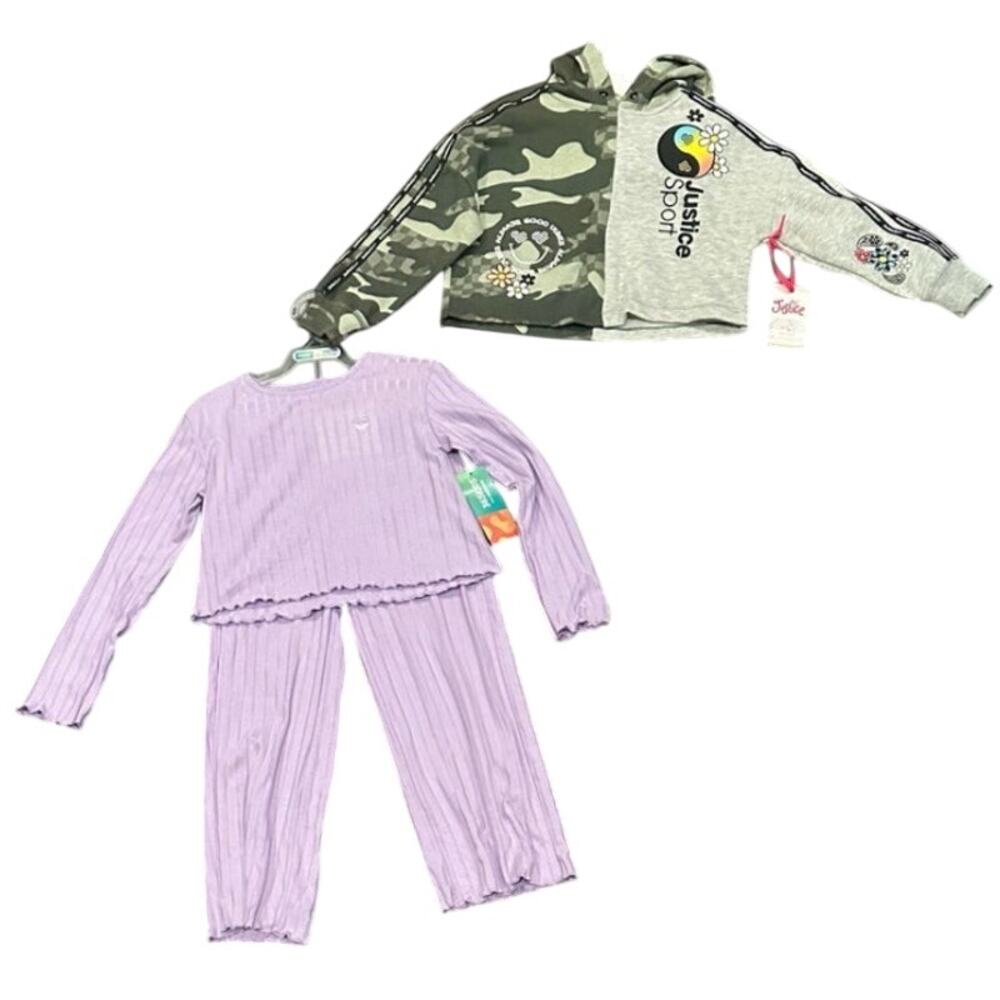 3 Piece girls clothing Size 5/6.  1 Outfit & 1 Justice Hoodie Camo Green Purple